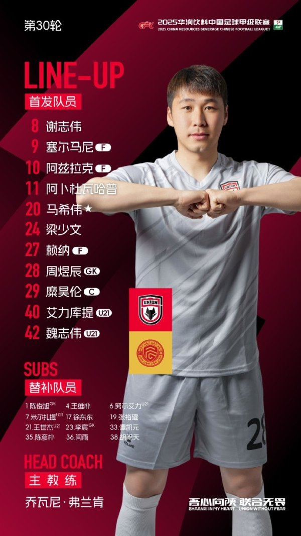 中甲第30轮对阵广西平果，陕西衔尾首发出炉！